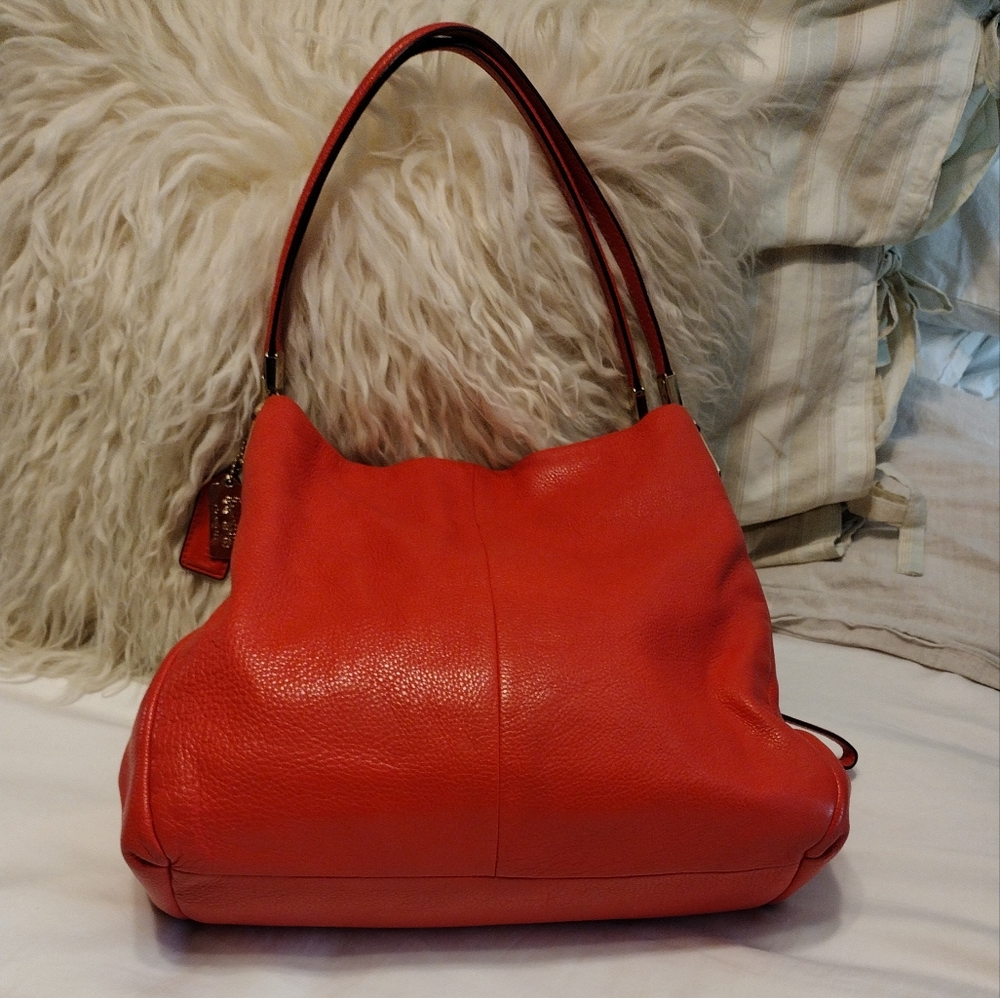 COACH Red Orange Phoebe Pebbled Leather Hobo Shoulder Bag